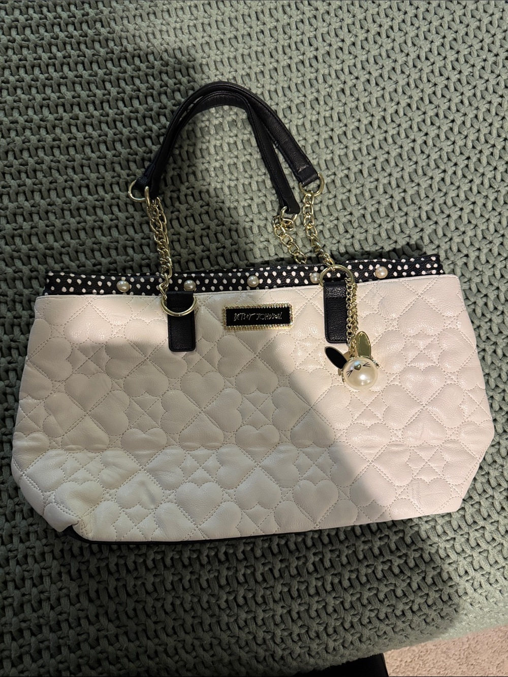 Betsey Johnson White Quilted Heart Tote with Black Trim and Gold Charm